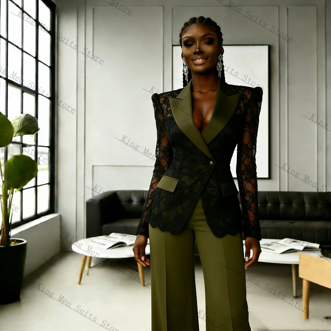 Women'S Green Formal Wear - طقم بدلة نسائية من الدانتيل الأخضر