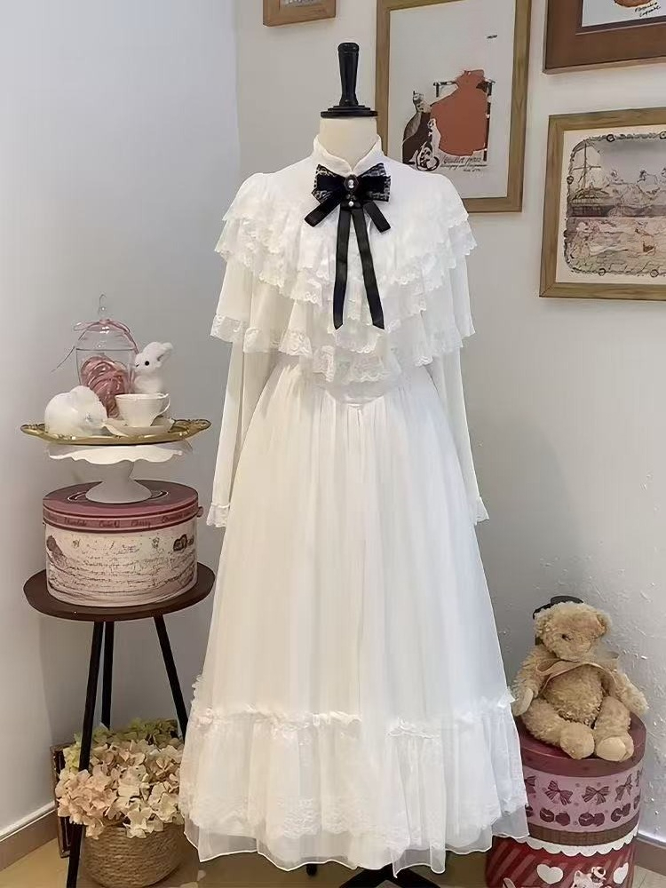 Woman Formal Wear - اليابانية قصيرة الأكمام القوس فستان الدانتيل